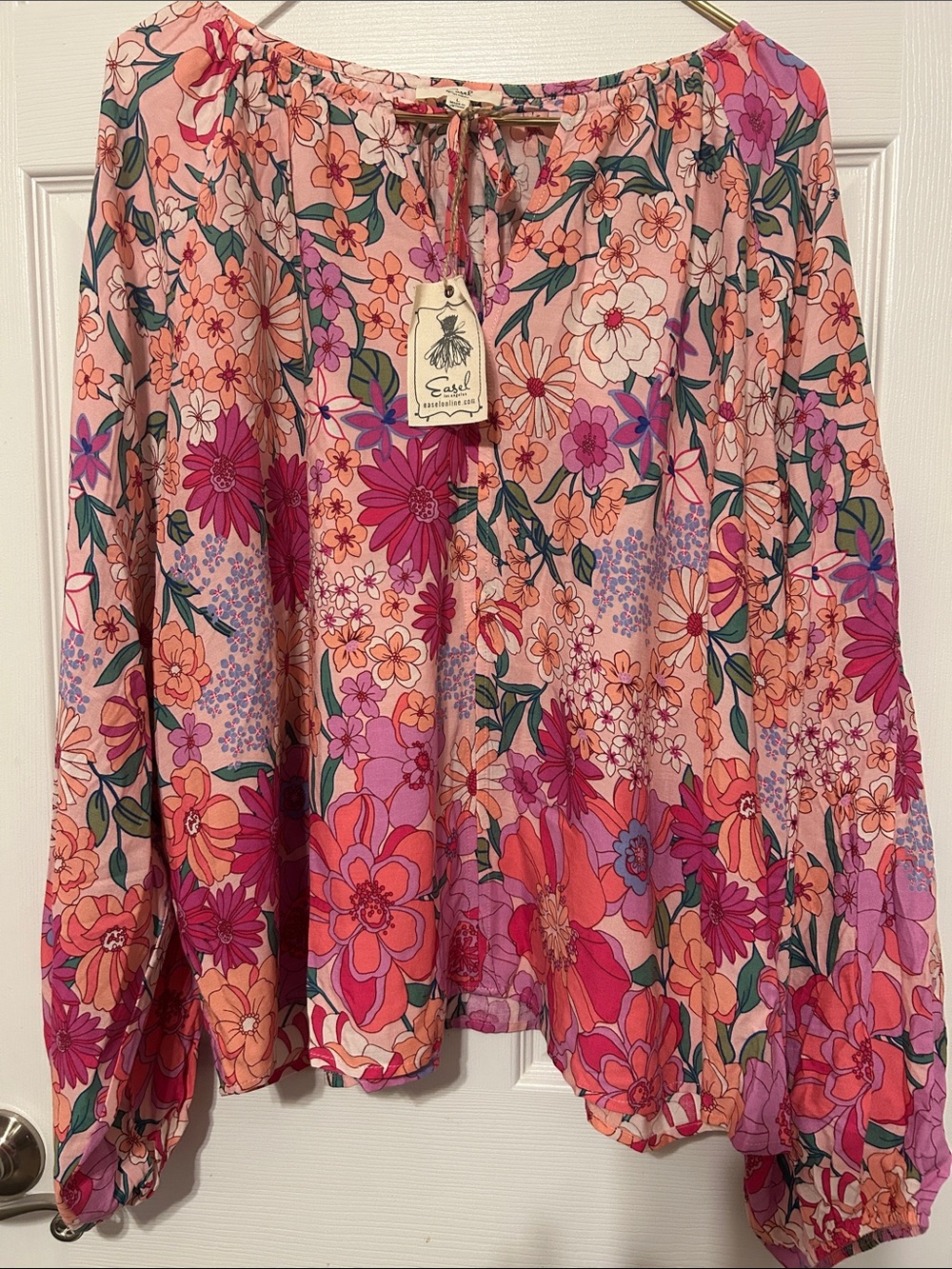 easel Floral Peasant Blouse in Pink, Purple, Orange